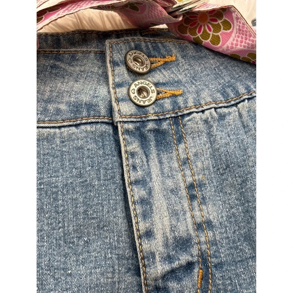 Angels Jeans Blue Denim Pleated Mini‎ Skirt with Pink Floral Belt Size 17 Y2K